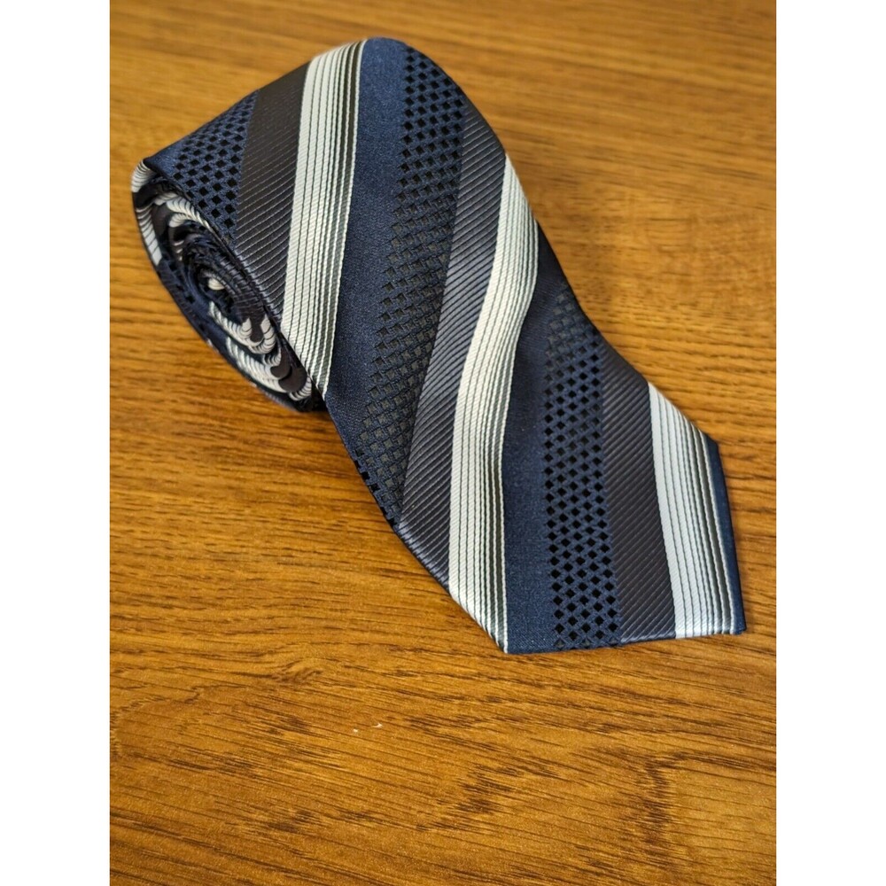 Black Label By Ruffini Italian Striped Black Navy Blue Gray  Tie 3 In